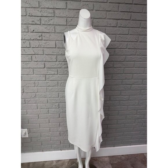 Topshop Women’s White Asymmetrical Ruffle Pencil Midi Dress Size 6 - Picture 2 of 9